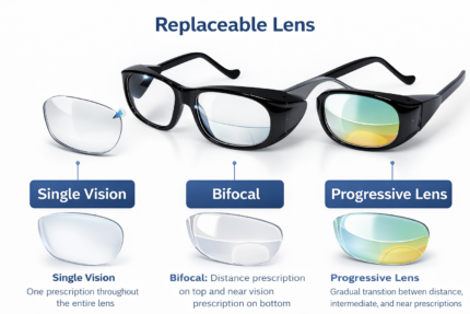 safety spectacle frame with clear side shields and replaceable lenses for industrial eye protection