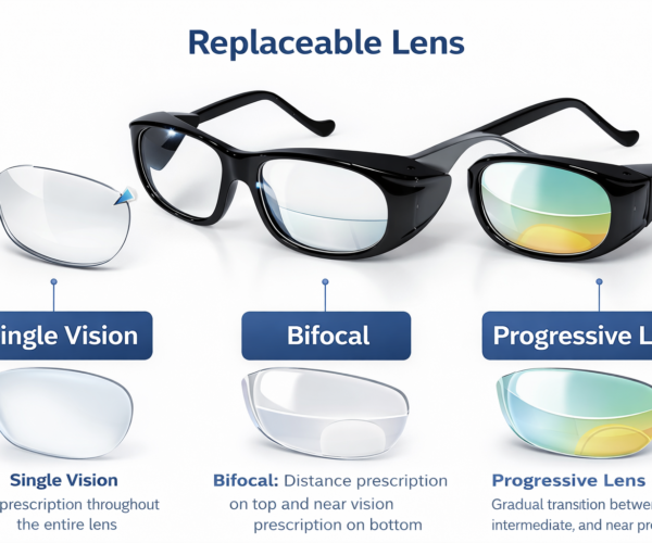 safety spectacle frame with clear side shields and replaceable lenses for industrial eye protection