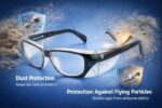 safety spectacle frame with side shield protection, impact resistant lenses, anti-dust debris protection and comfort fit for industrial eye safety