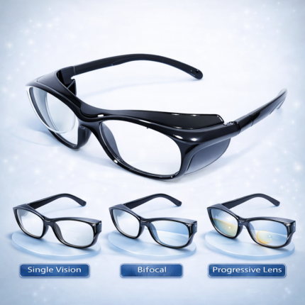 prescription safety eyeglasses with replaceable lenses supporting single vision, bifocal, and progressive options