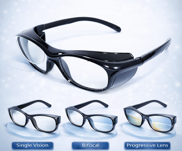 prescription safety eyeglasses with replaceable lenses supporting single vision, bifocal, and progressive options