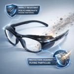 safety glasses frame with impact resistant lenses and protective side shields against flying particles and dust
