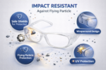 safety spectacle frame with impact resistant lenses and protective side shields against flying particles and dust